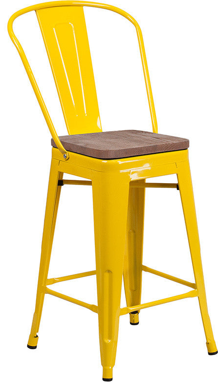 24" High Yellow Metal Counter Height Stool With Back and Wood Seat