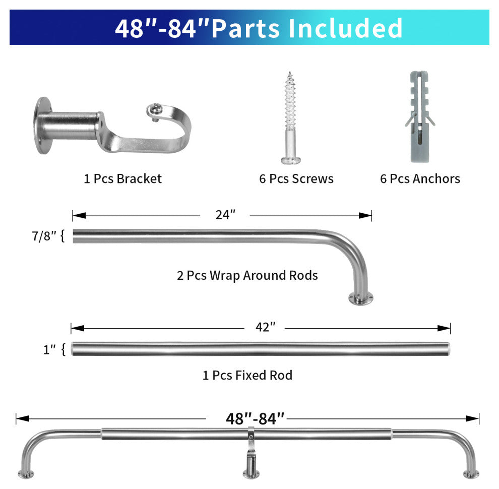 Energy Saving Wrap Around Black Out Return Adjustable Window Curtain Metal Rod, Brushed Steel, 48"-84"