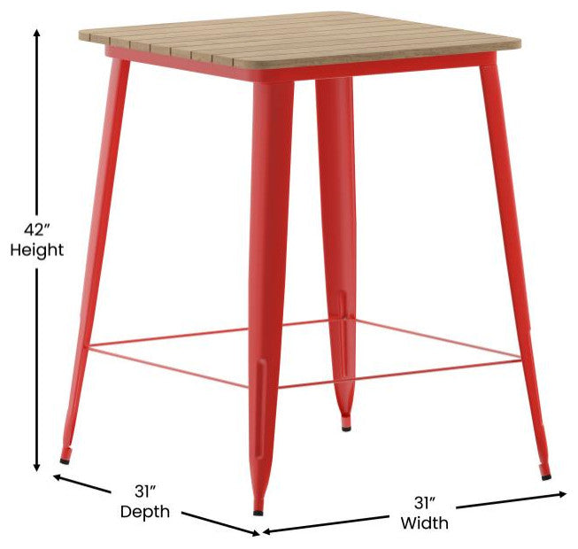 Declan Commercial Indoor/Outdoor Bar Top Square Table, 31.5", Brown/Red