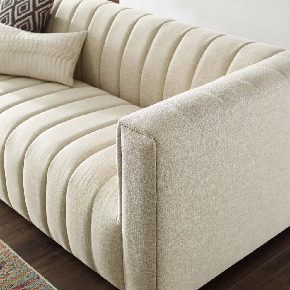 Tufted Sofa, Fabric, Beige, Modern, Living Lounge Room Hotel Lobby Hospitality