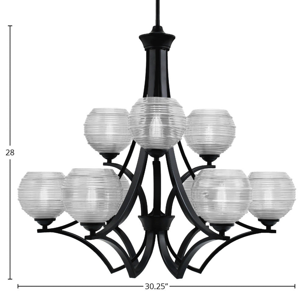Zilo, 9 Light, ChandelierIn Matte Black Finish With 6" Clear Ribbed Glass