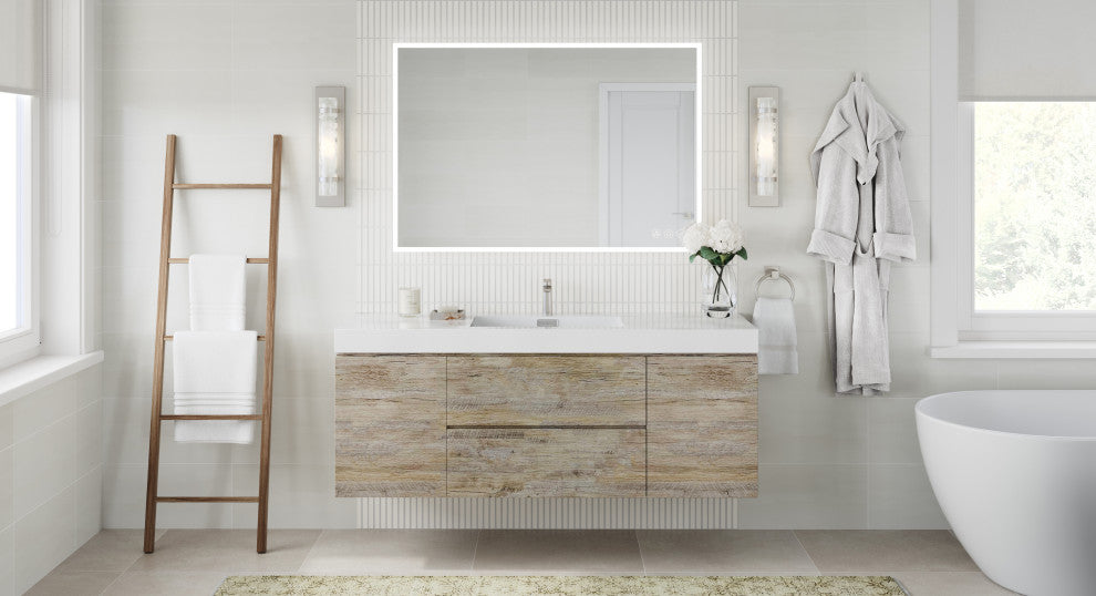 Boutique Bath Vanity, Natural Wood, 60", Single Sink, Wall Mount