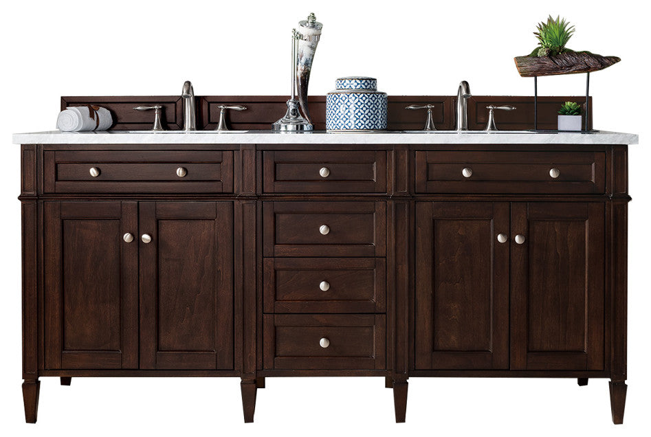 Brittany 72" Burnished Mahogany Double Vanity, Carrara Marble