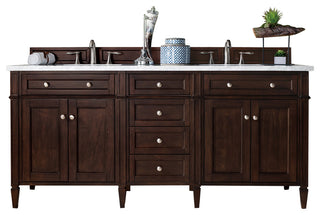 Brittany 72" Burnished Mahogany Double Vanity, Carrara Marble