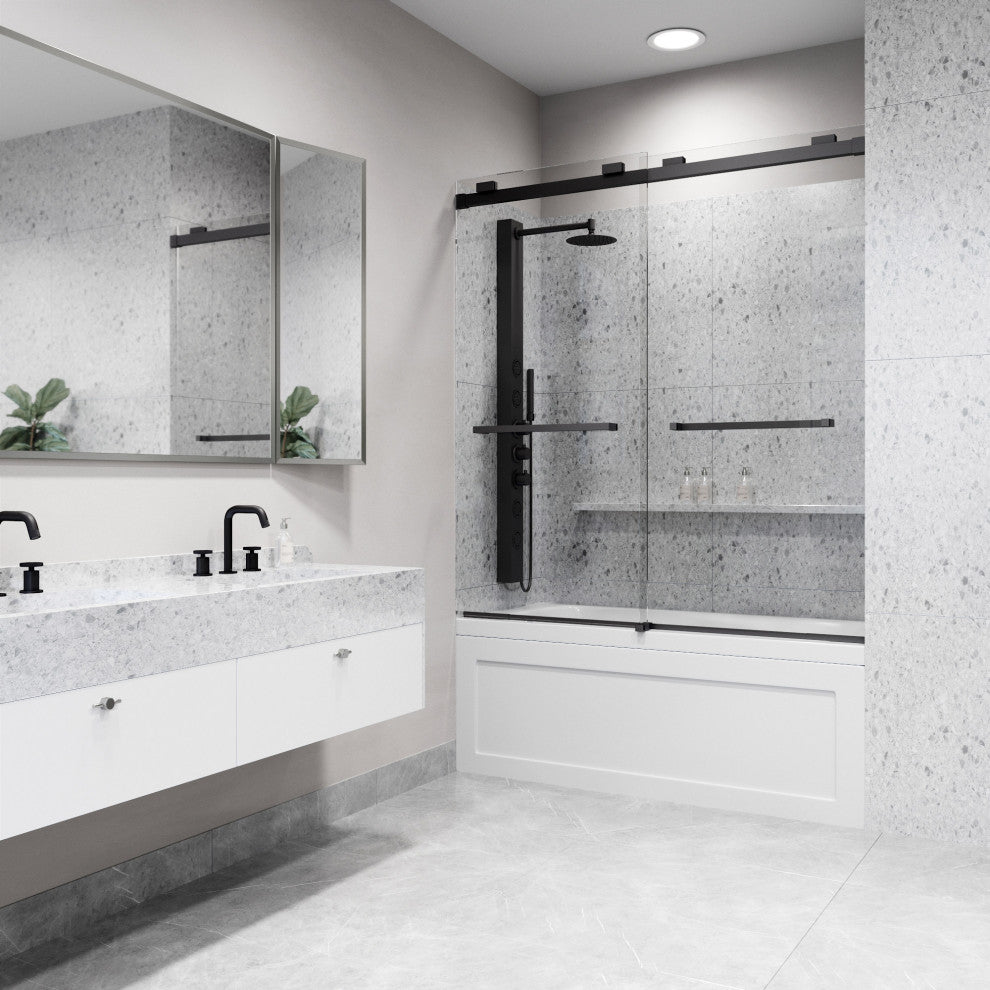 VIGO Houston Frameless Sliding, V-Motion, Matte Black, Tub Door, 56" to 60" W X 66" H, Clear Glass