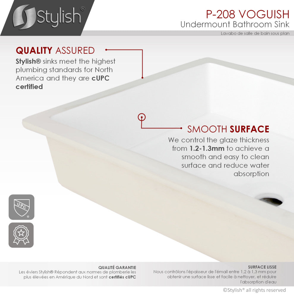 STYLISH 24" Rectangular Undermount Ceramic Bathroom Sink With 2 Overflow Finishe