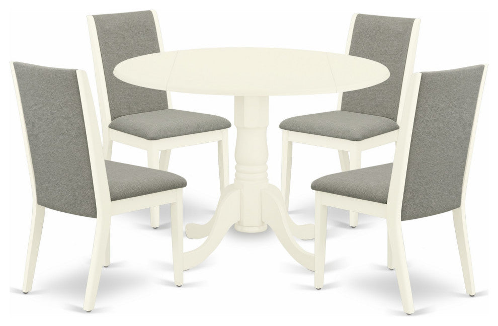 5Pc Kitchen Set, Round Table, 4 Upholstered Chairs, Linen White