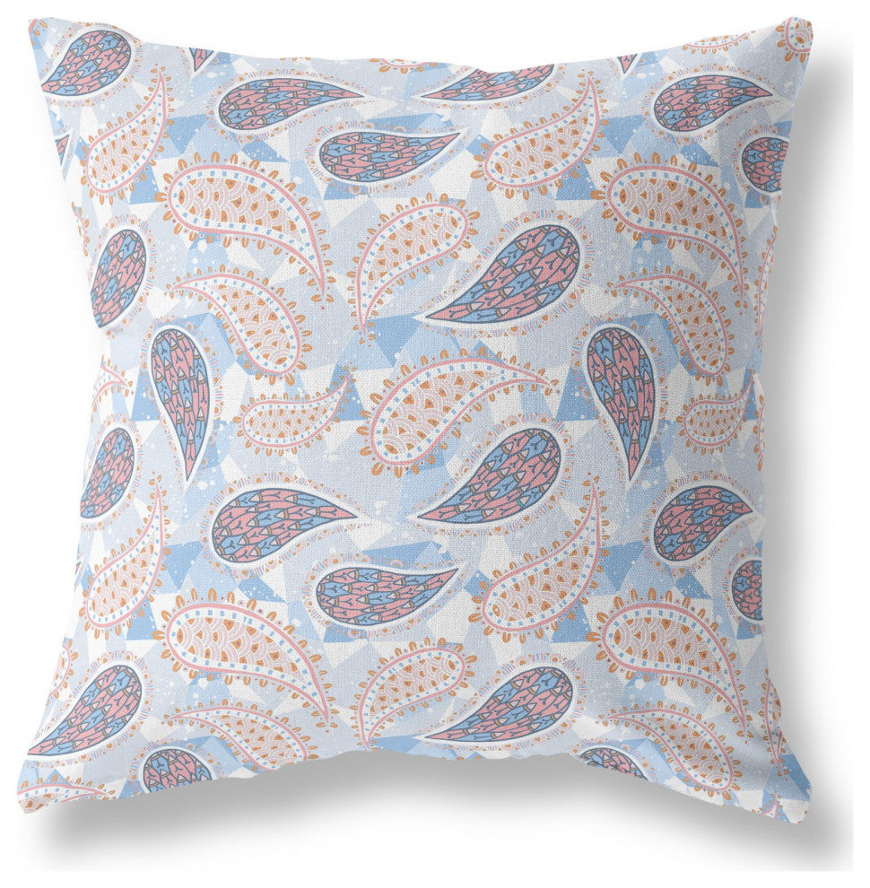 20" Blue Pink Boho Paisley Indoor Outdoor Throw Pillow
