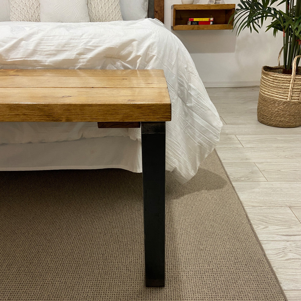 Bedroom or Entryway Bench, Heavy Duty Industrial Metal Legs, Golden Brown, Length 58", Fits Queen Bed