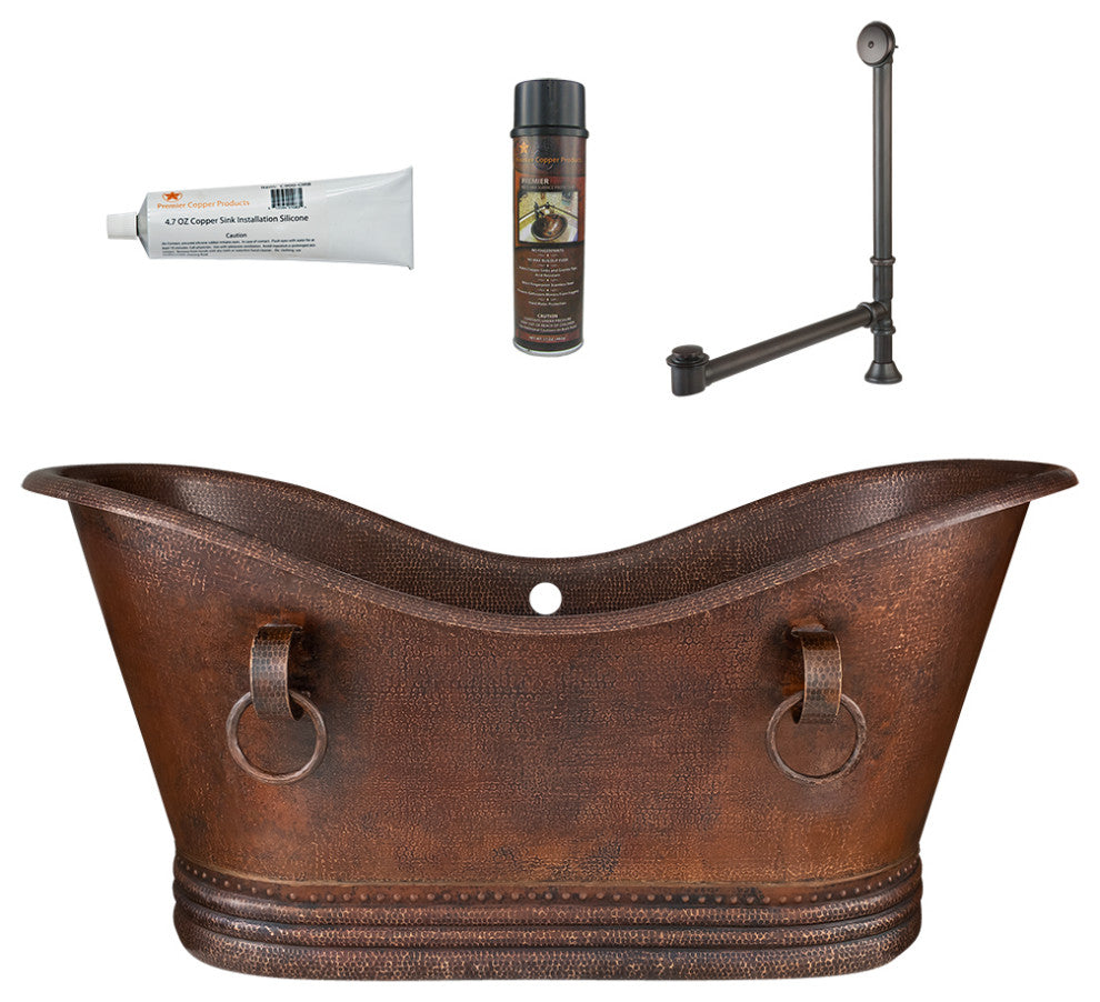 67" Hammered Copper Double Slipper Bathtub, Rings, Overflow Holes & Drain