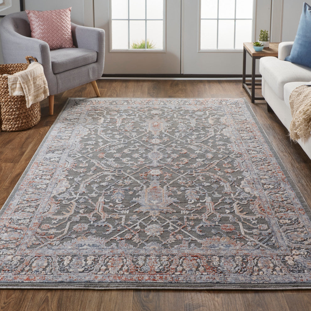 Weave & Wander Sybil Transitional Oriental Style Rug, Charcoal/Blue/Red, 7' - 10
