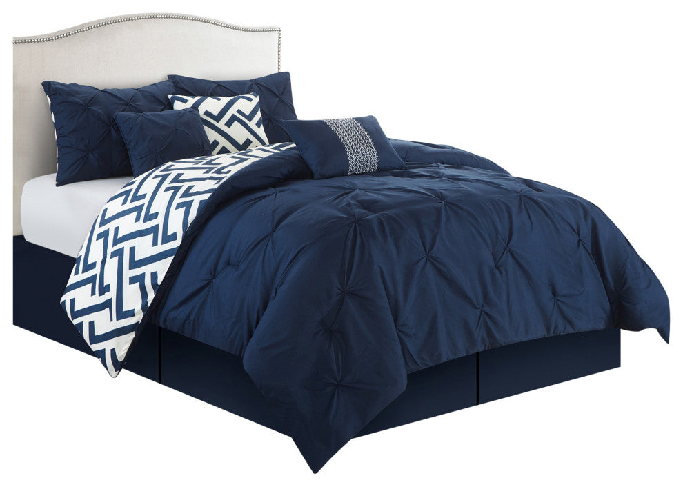 Loren 7-Piece Reversible Comforter Set, Navy, Queen