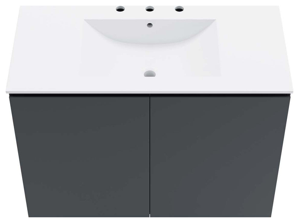 Sink Vanity Cabinet, Wall Mount, White Gray, Ceramic, Modern, Bathroom
