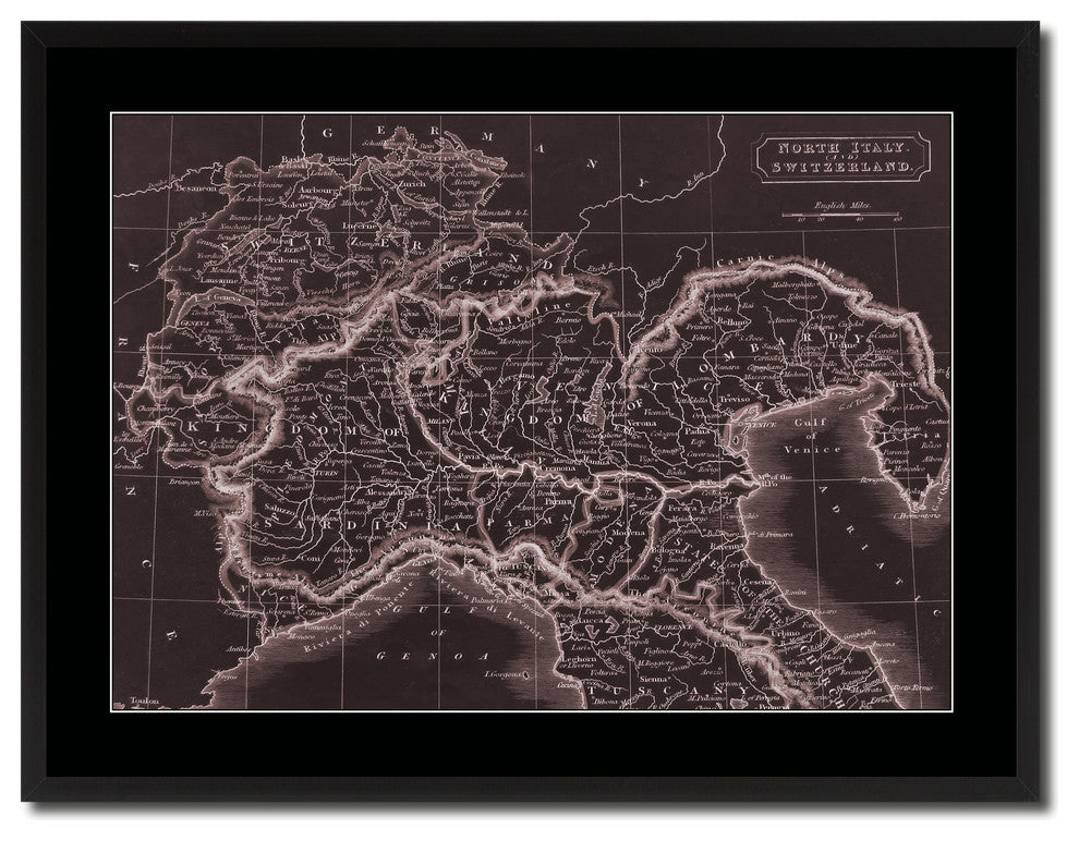 Northern Italy Vintage Vivid Sepia Map Canvas, 28"x37"