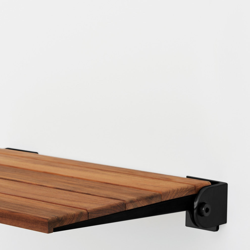 SlimLine Natural Teak Wood Folding Shower Bench Seat, Matte Black Frame