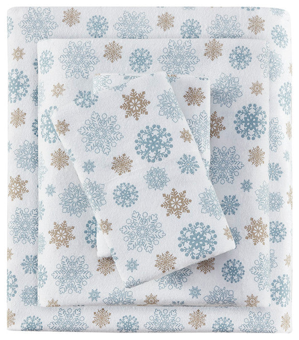 True North by Sleep Philosophy Cotton Flannel Winter Sheet Set, Blue Snowflakes