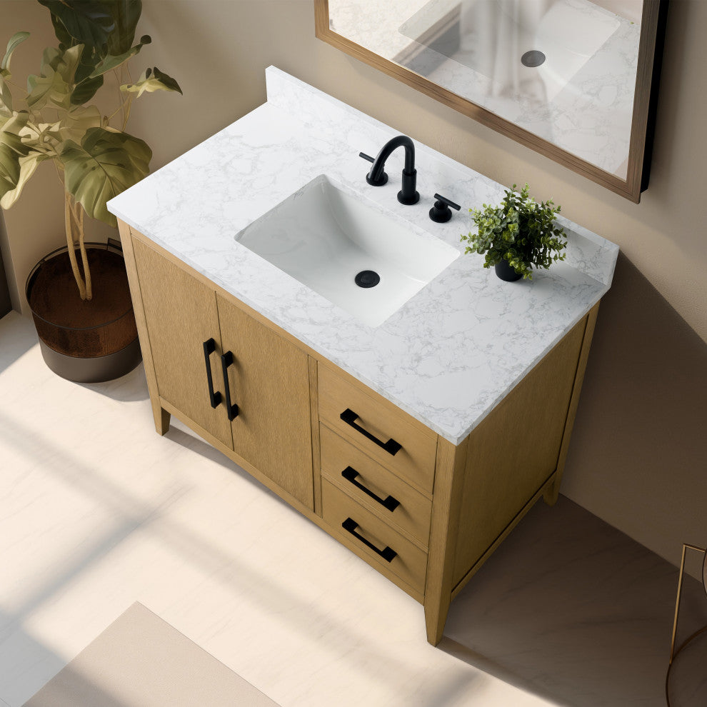 Vanity Art Bathroom Vanity With Sink, Natural Oak, 42", Single Sink, Matte Black