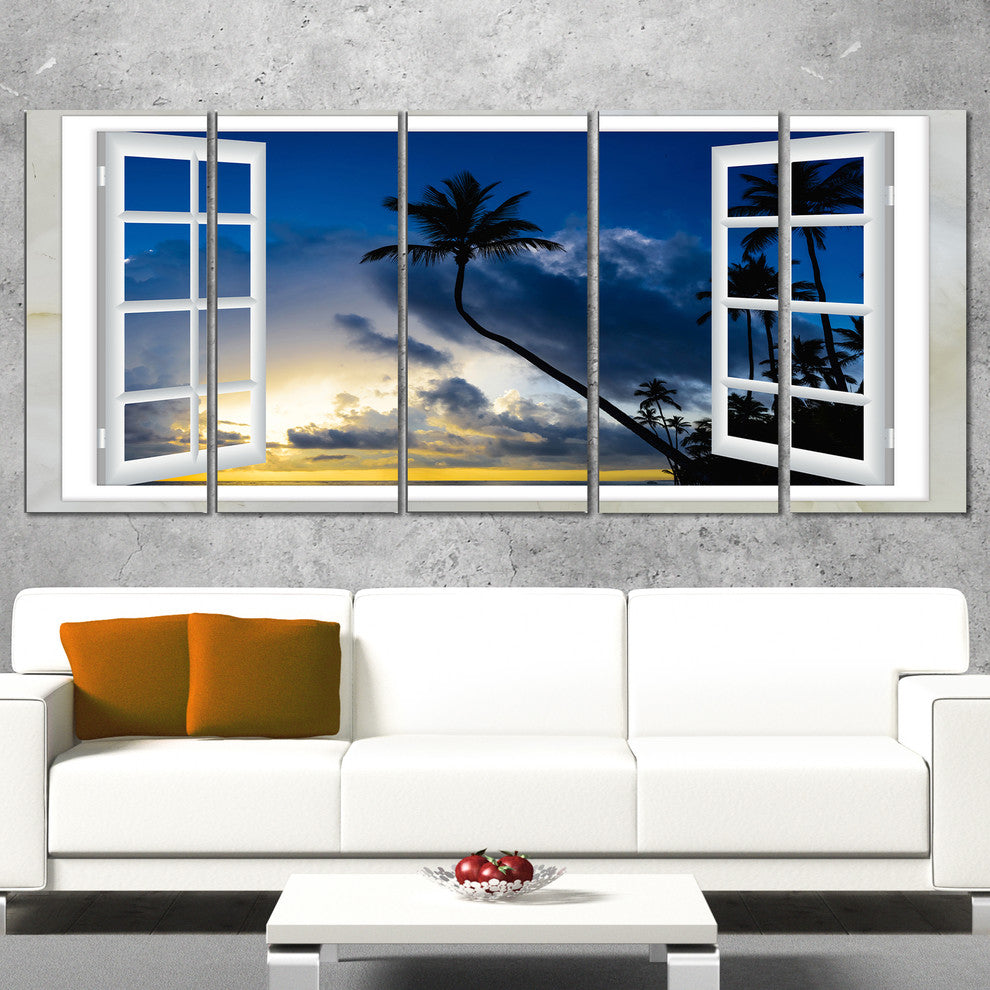 "Window To Beach With Coconut Palms" Landscape Art Wall Art, 5 Panels, 60"x28"
