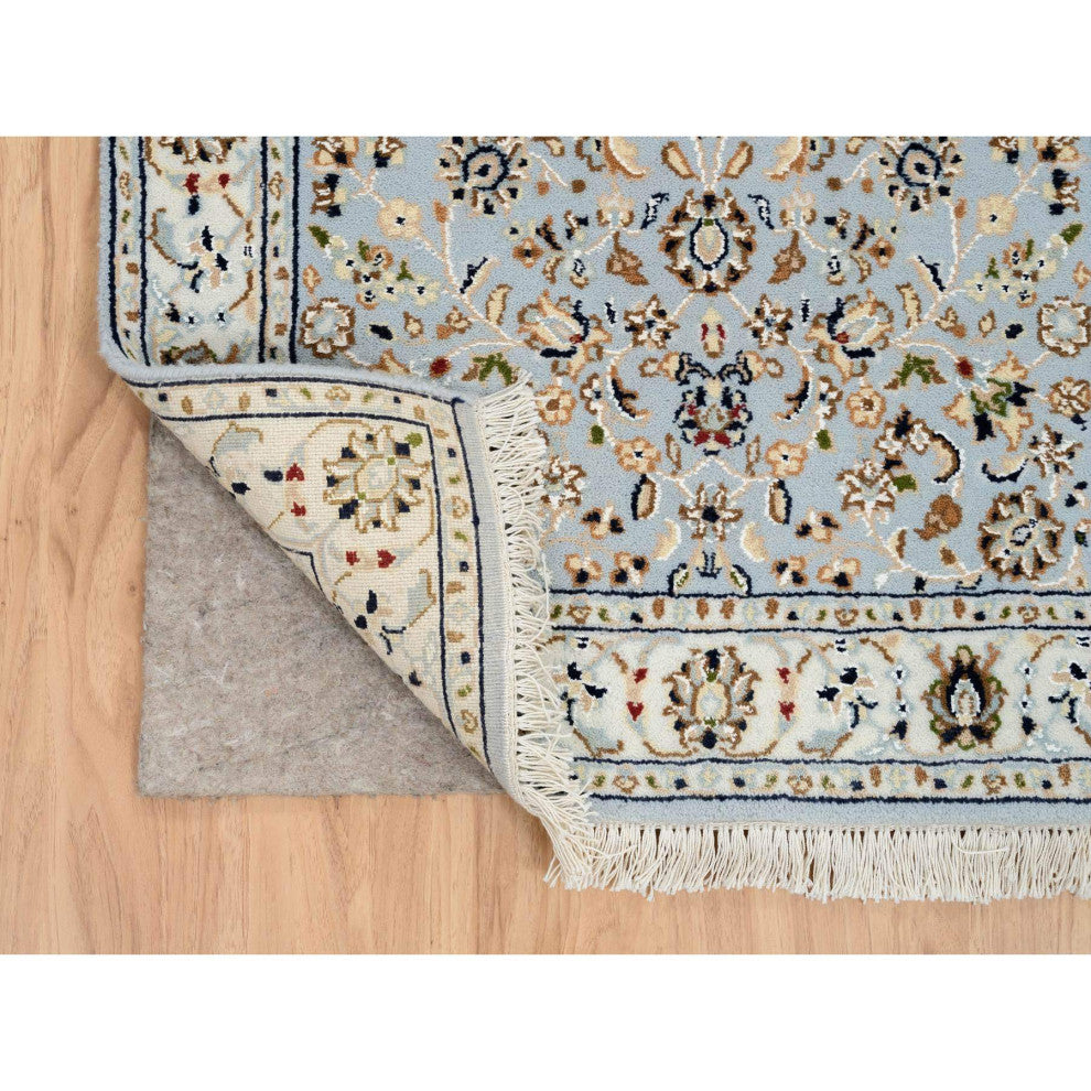 Light Blue, Nain 250 KPSI, Wool and Silk Hand Knotted Runner Rug, 2'6"x13'9"