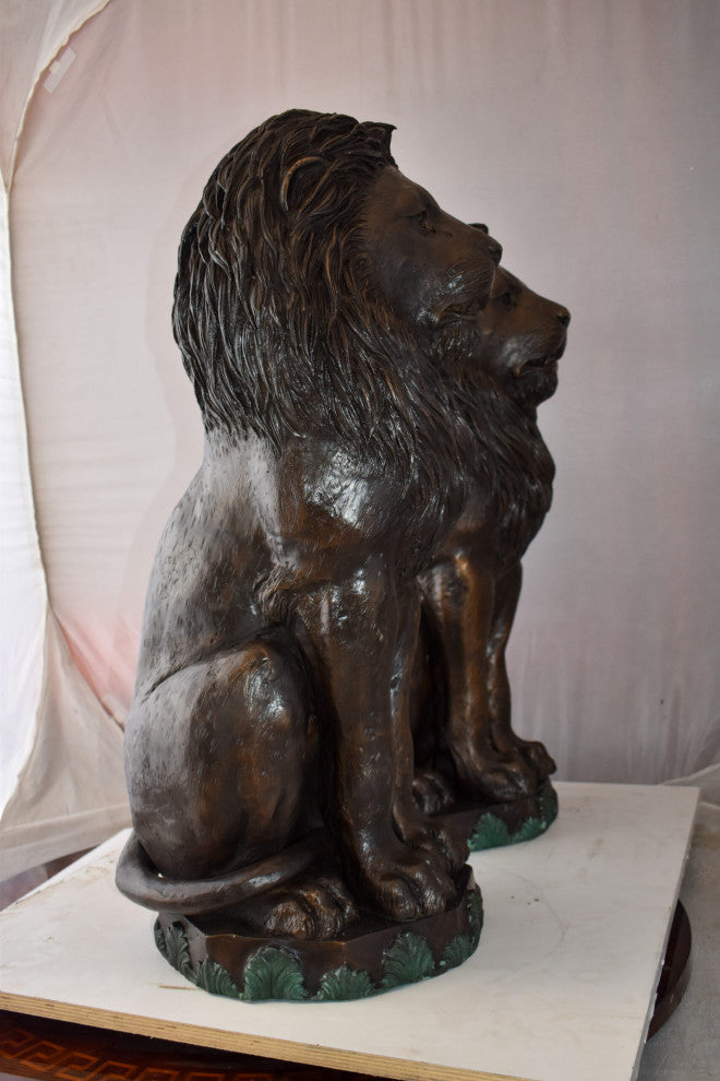 Pair Of Lions Sitting on Base Very Detailed Bronze Statues 13" x 26" x 34"H