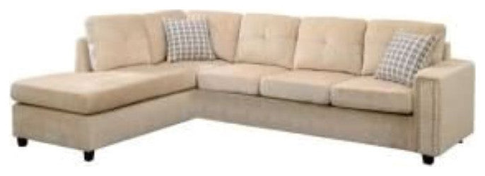 78"x33"x36" Beige Velvet Reversible Sectional Sofa With Pillows