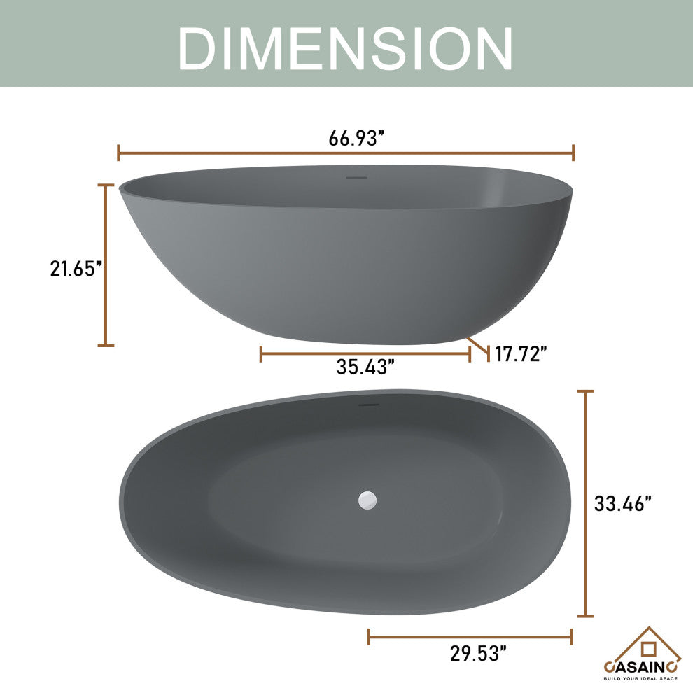 67in Solid Surface Freestanding Bathtub in Matte Black, Matte Grey