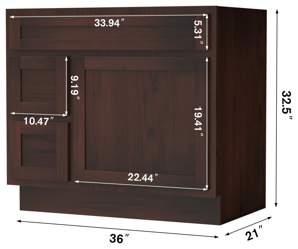 Vanity Art Vanity Base Cabinet, No Top, Drawers on Left, 36", Brown