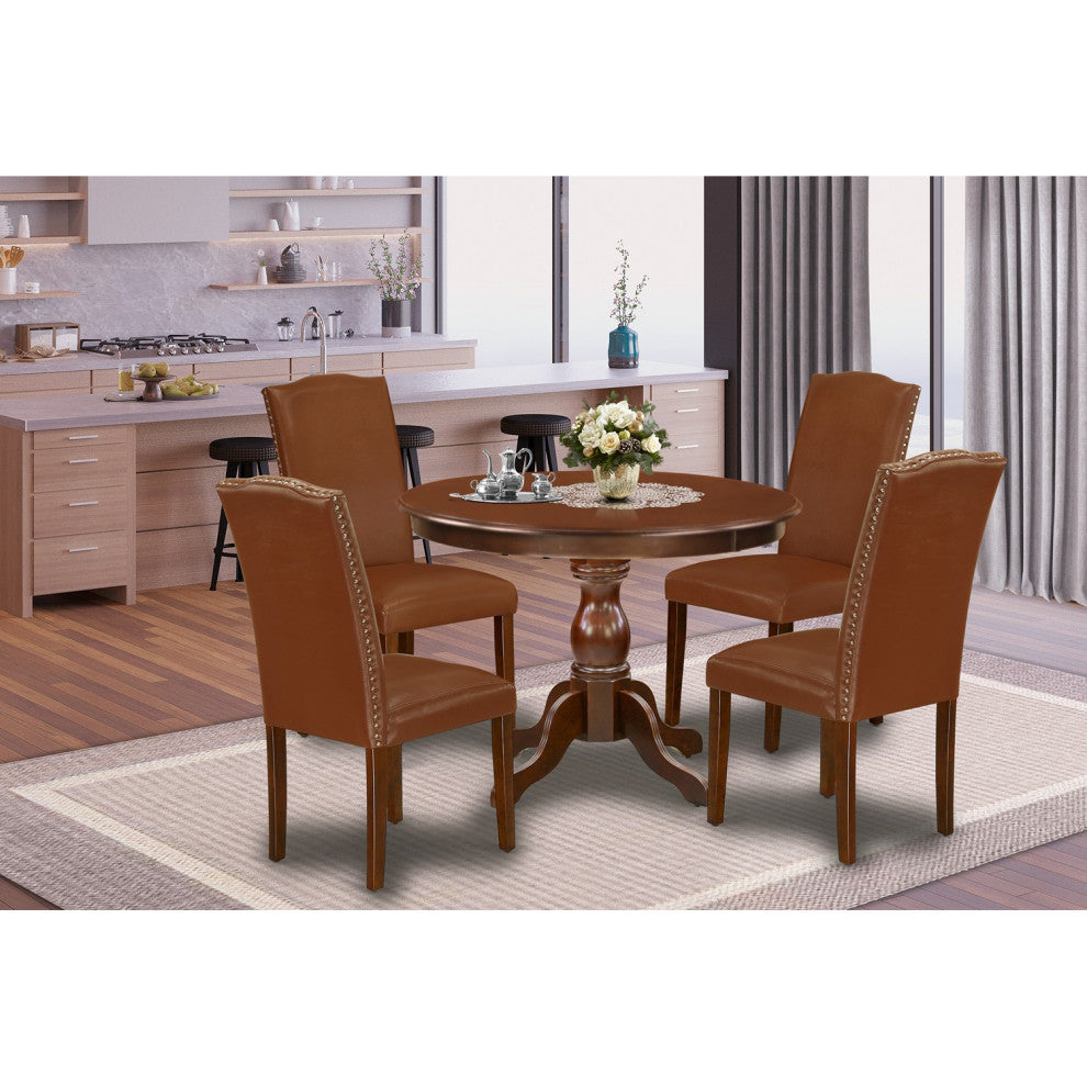 5 Pc Dining Set, Mahogany Round Table, 4 Brown Faux Leather Parson Chairs