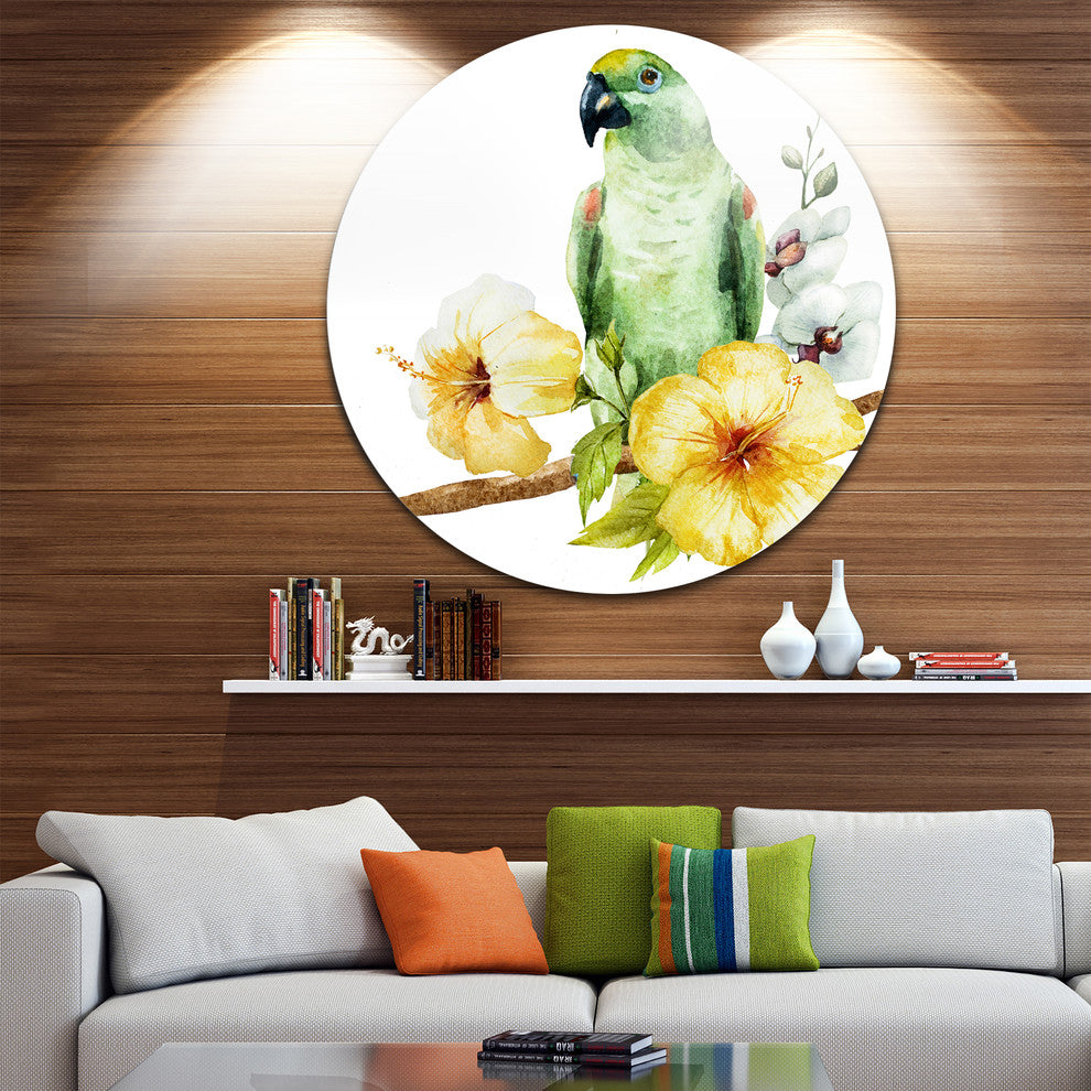 Parrot With Flowers Watercolor, Floral Painting Round Wall Art, 11"