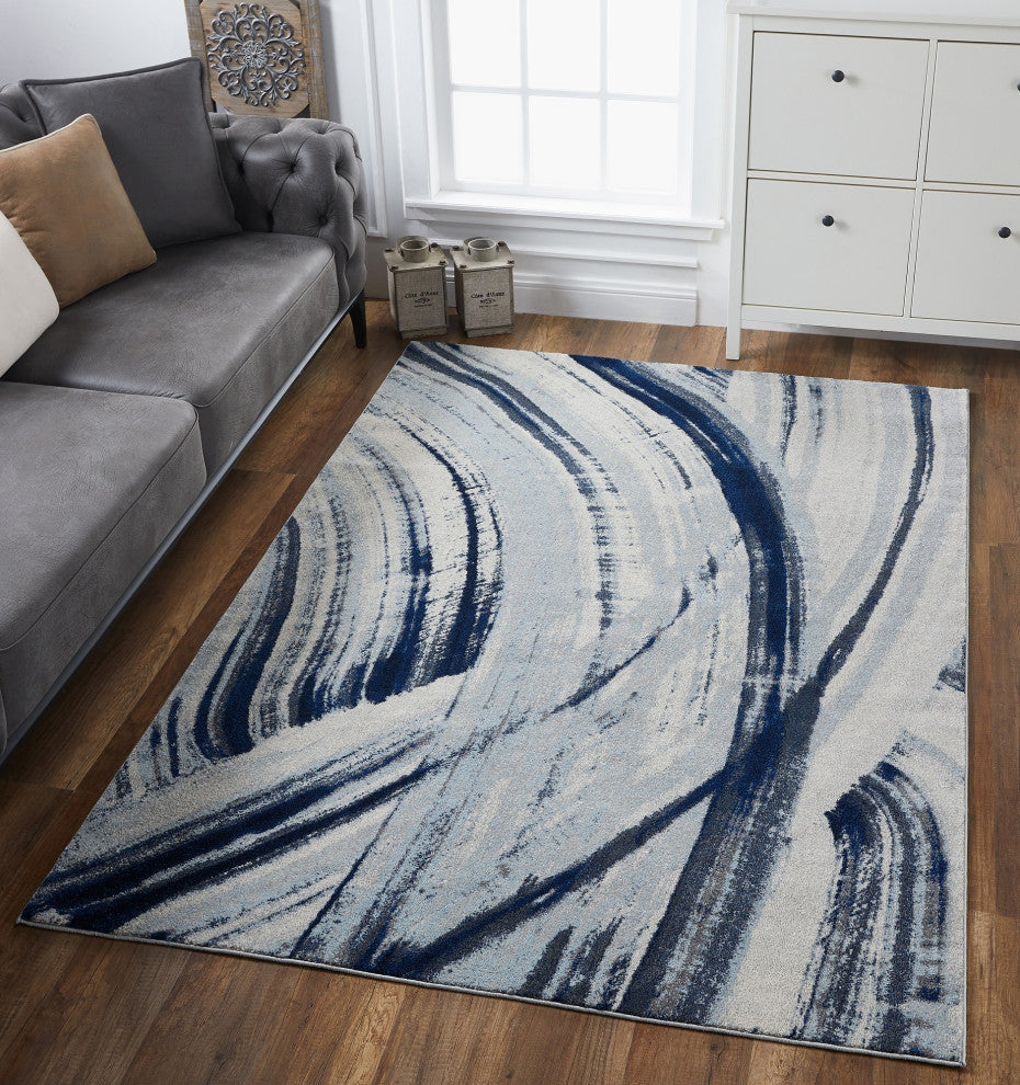 Illusions Elements Abstract Watercolor Area Rug, Ivory/Blue, 5'3 X 7'7