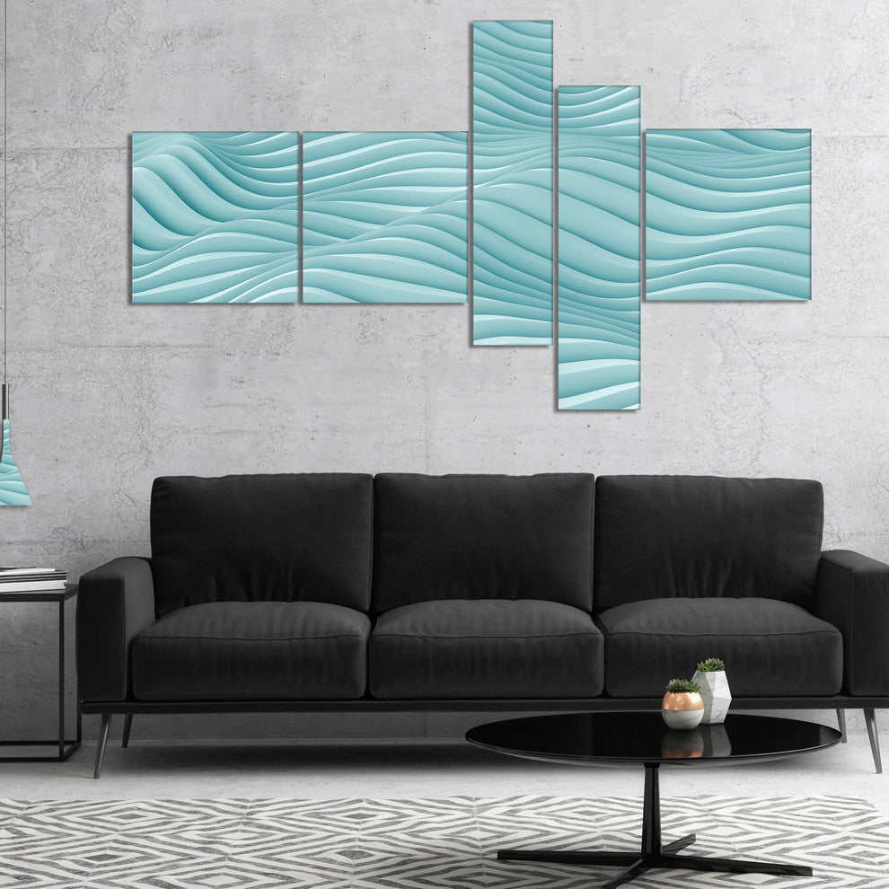 Fractal Rippled Blue 3D Waves, Abstract Canvas Art Print, 60"x32", 5 panels