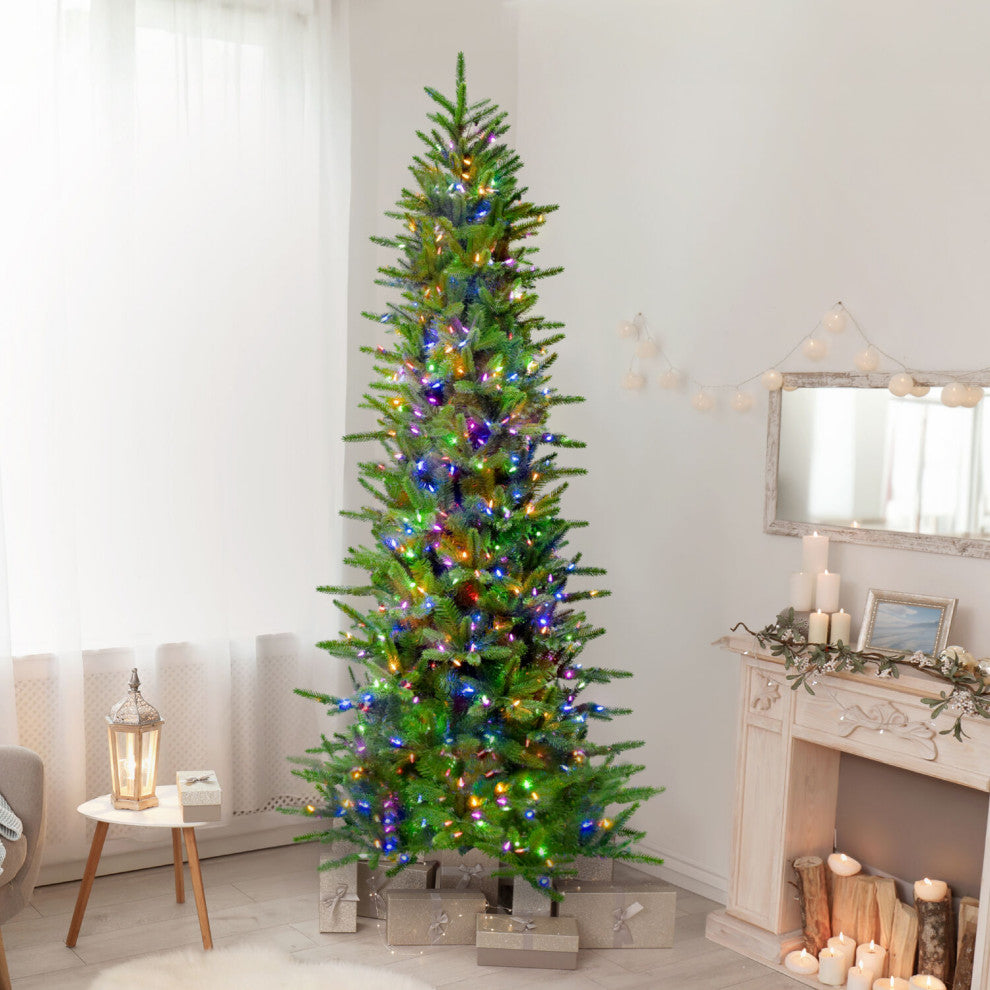 9' Carmel Pine Slim Artificial Christmas Tree, Multi-Color Led String Lights