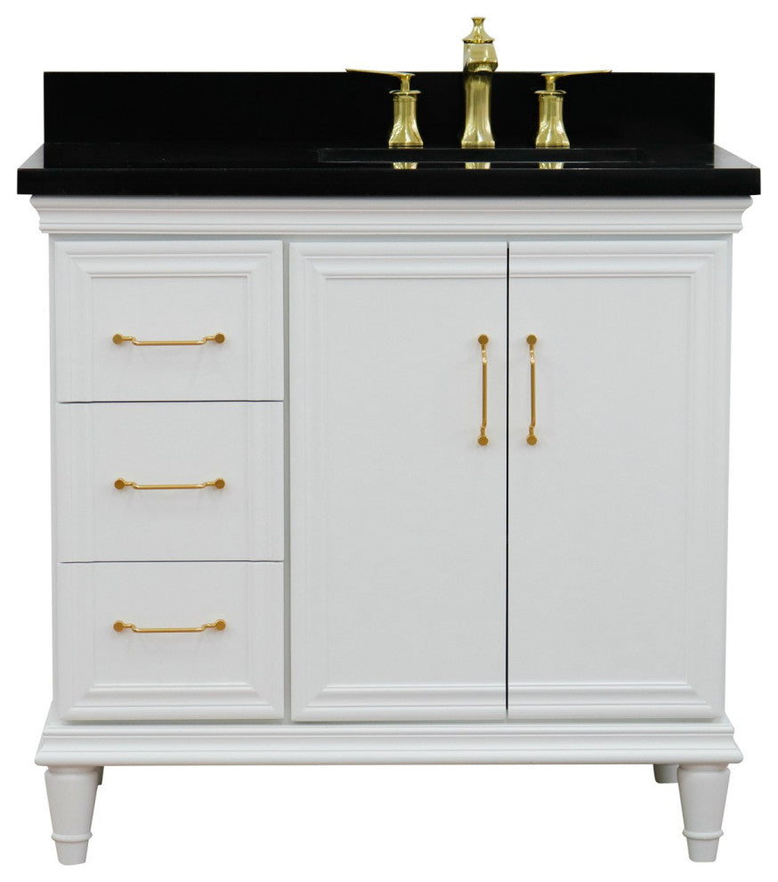 37" Single Vanity, White Finish With Black Galaxy