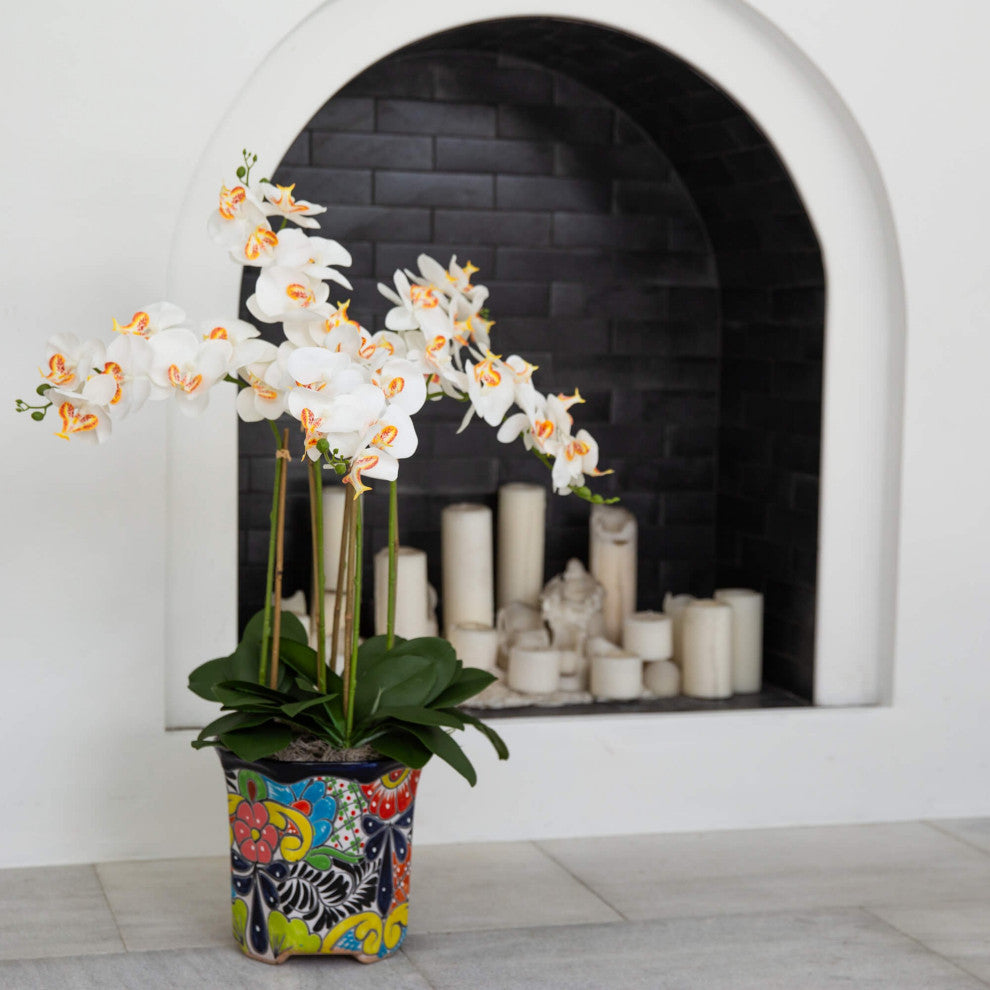 36" Faux Large Orchid Arrangement, Handmade Mexican Talavera Ceramic Planter
