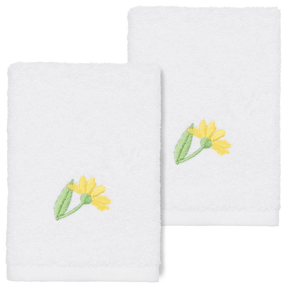 Linum Home Turkish Cotton Daisy 2-Piece Embellished Washcloth Set, White