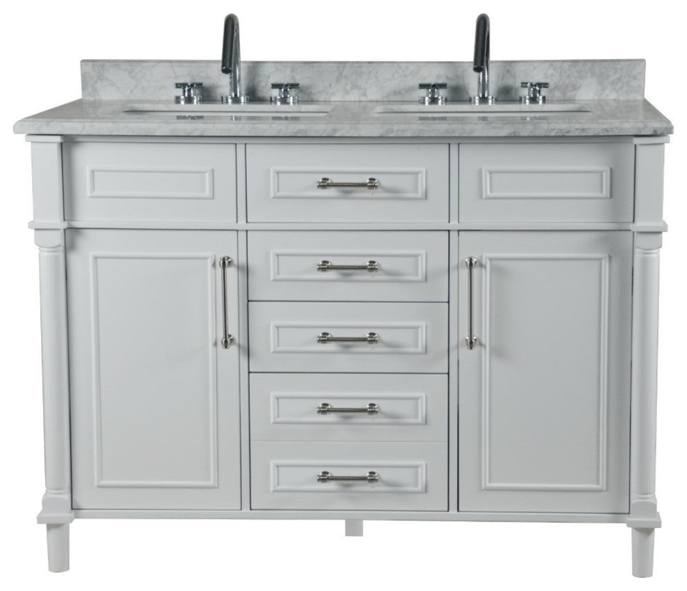 48" Double Vanity, White With White Carrara Marble Top