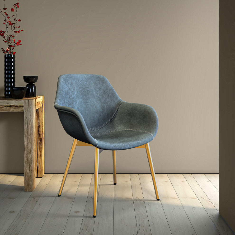 LeisureMod Markley Modern Leather Dining Armchair With Gold Legs, Peacock Blue