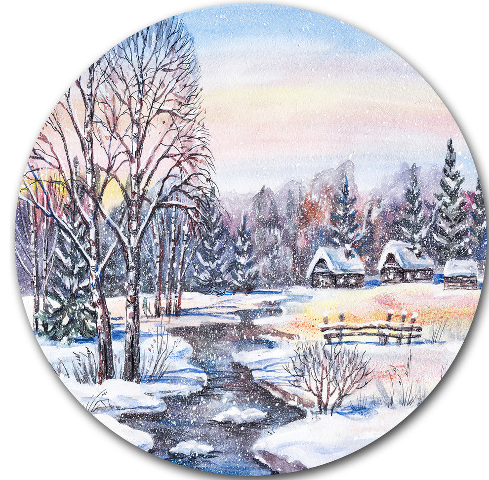 Russian Winter Village, Landscape Photo Round Metal Wall Art, 23"