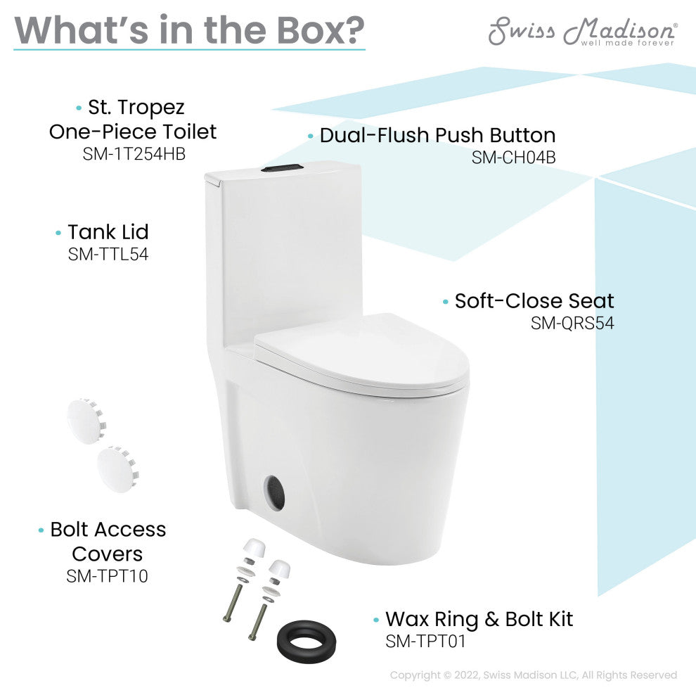 St. Tropez Elongated Toilet, Dual Vortex Flush, Glossy White With Black Hardware