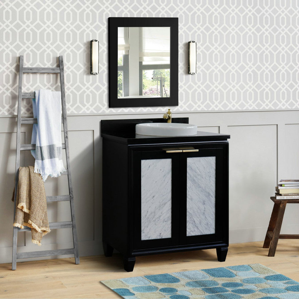 31" Single Sink Vanity, Black Finish With Black Galaxy Granite With Round Sink