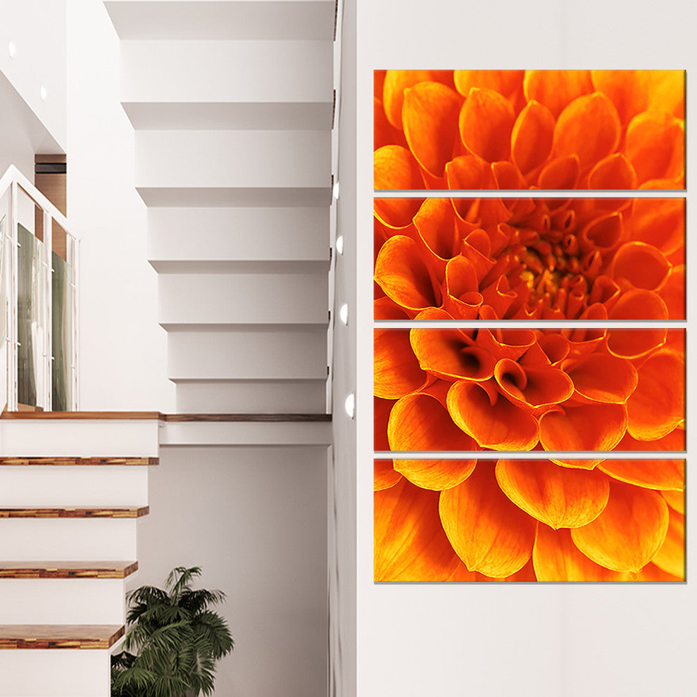 Orange Abstract Flower and Petals, Floral Canvas Art Print, 28"x48", 4 Panels