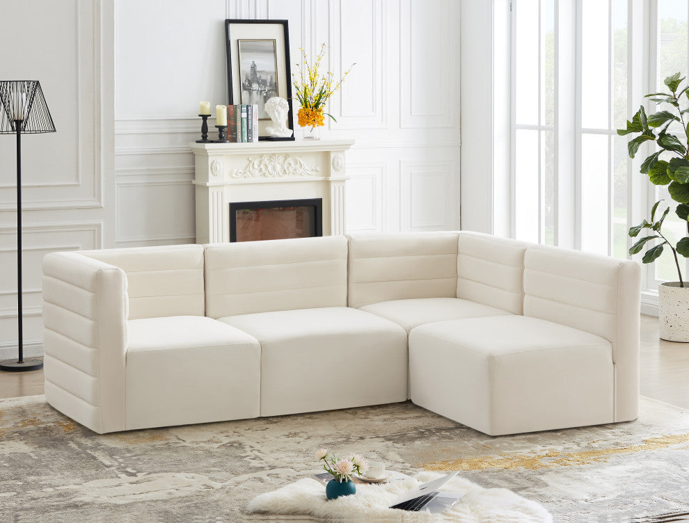 Quincy Velvet Upholstered 4-Piece L-Shaped Modular Sectional, Cream