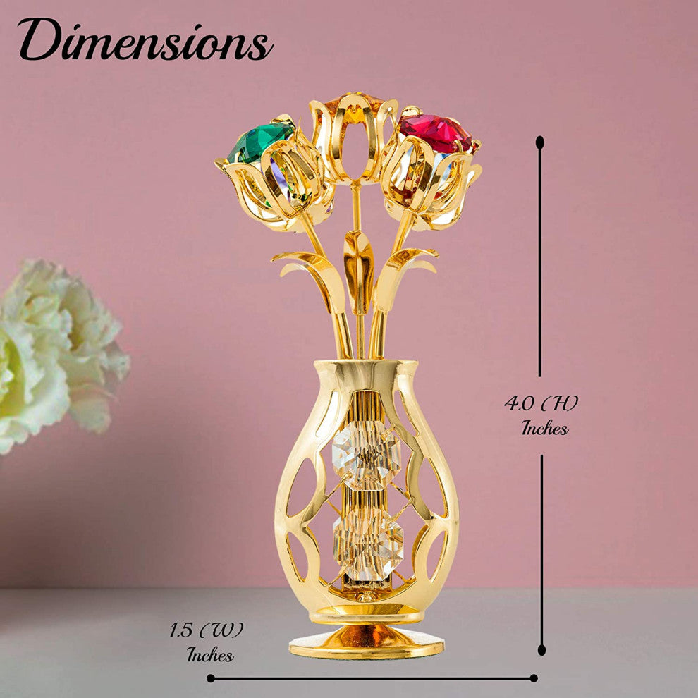 Matashi 24K Gold Plated Flowers Bouquet and Vase, Colorful Crystals Home Decor