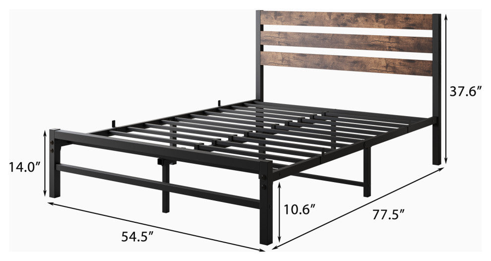 Gewnee Full Size Platform Bed Frame with Rustic Vintage Wood Headboard