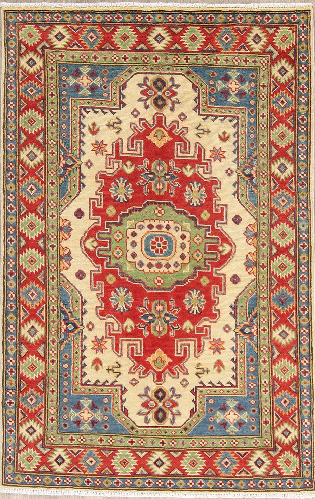 Traditional Hand-Knotted Pakistani Kazak Oriental Area Rug, Beige, 5'1"X3'3"