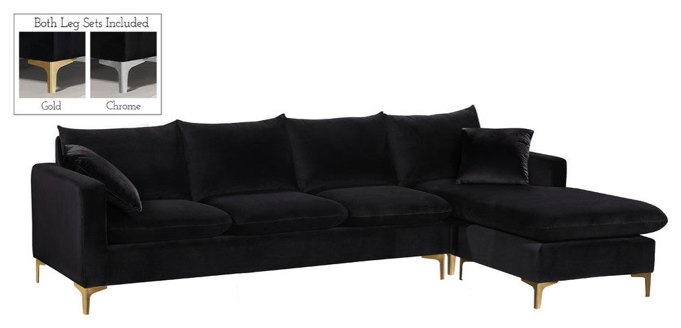 Naomi 3-Piece Velvet Upholstered Reversible Sectional, Black