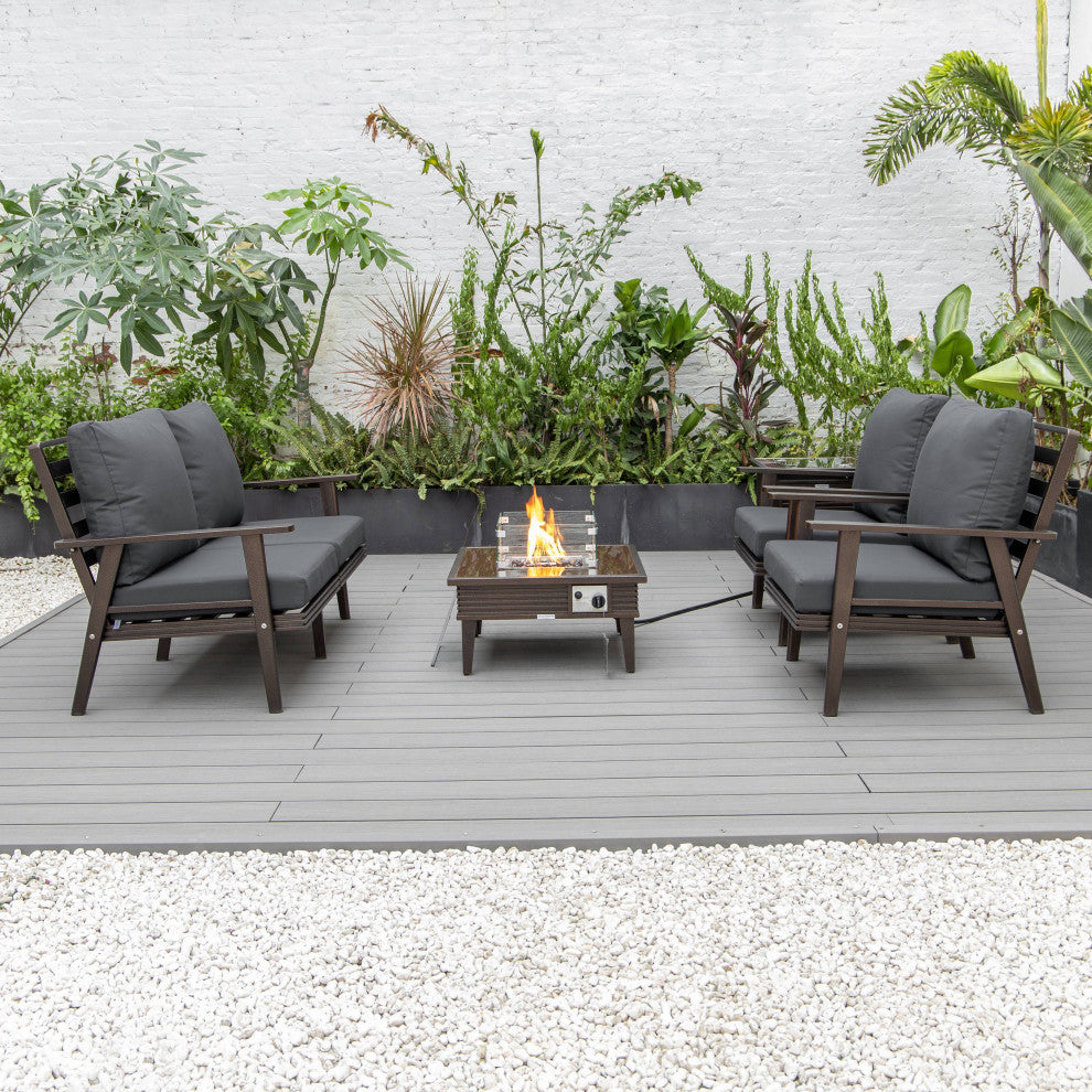 LeisureMod Walbrooke Patio Conversation Set With Fire Pit Table, Charcoal