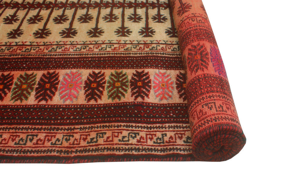 Vintage Distressed Madzimoy Beige/Burgundy Rug, 3'8x7'2