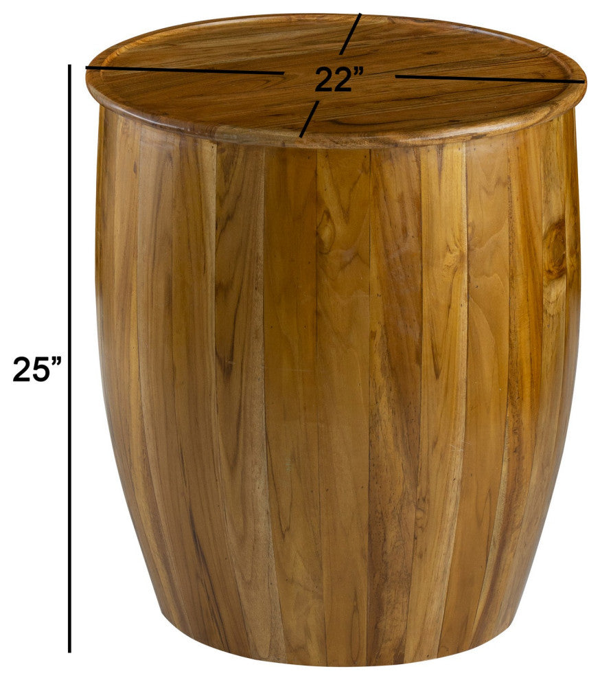 Benzara Round Accent Side Table, Mango Wood, Barrel Shape, Classic Brown