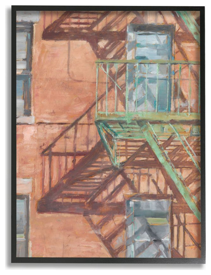Cityscape Fire Escape Red Green Painting, 24"x30"